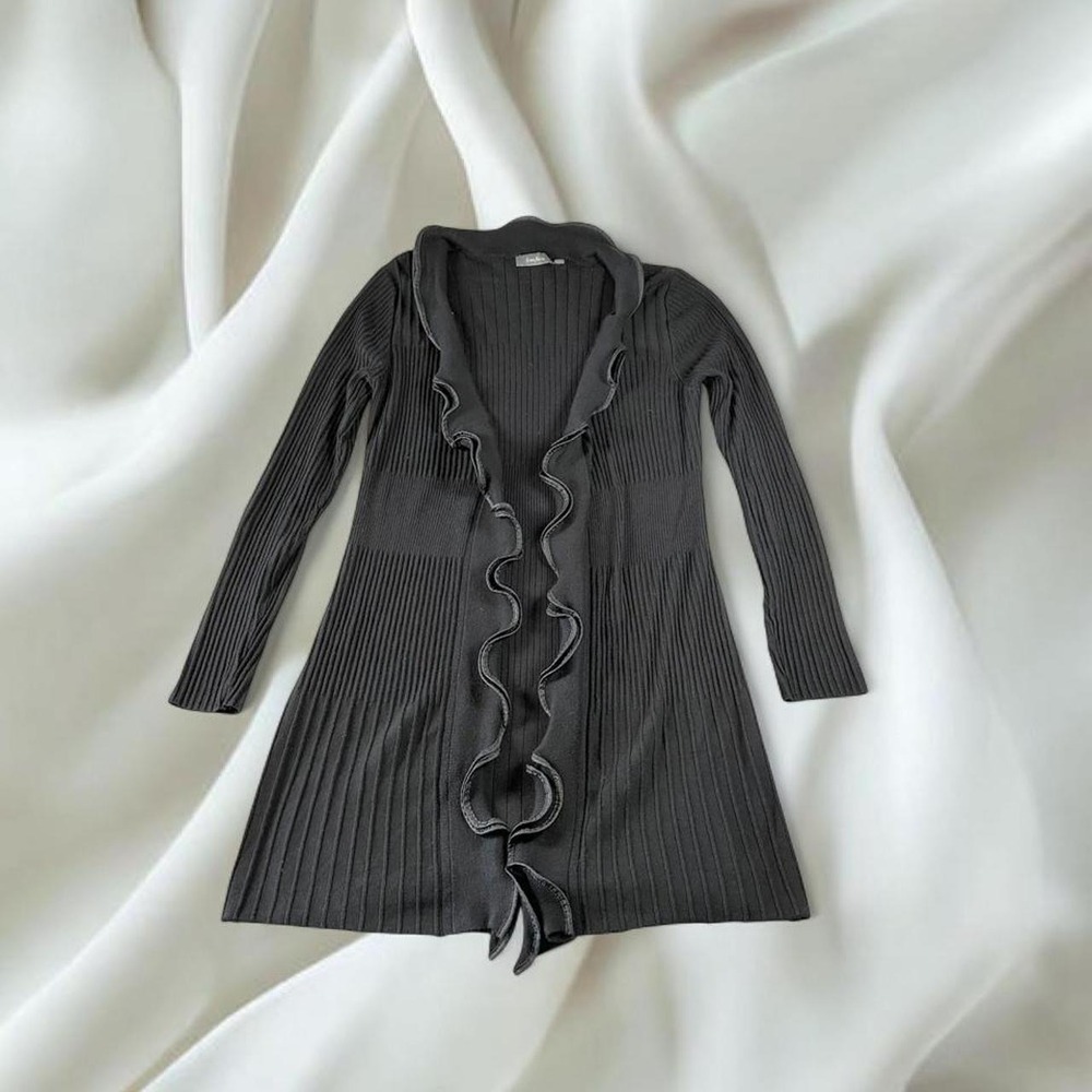 Neiman Marcus black ribbed knit ruffle trim open cardigan duster y2k mcbling